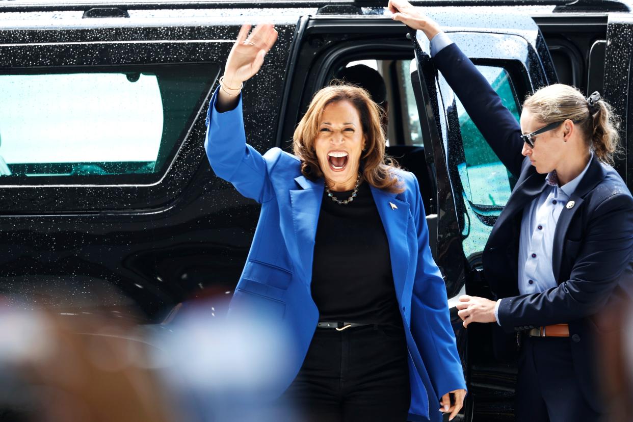 Democratic presidential candidate, Vice President Kamala Harris arrives to a campaign event at Wright Bros. Aero, Inc. on Aug. 18, 2024 in Pittsburgh.