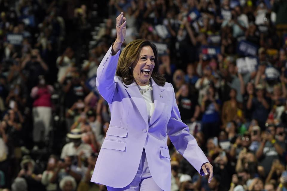 Democratic presidential nominee Vice President Kamala Harris arrives to speak at a campaign rally, Saturday, Aug. 10, 2024, in Las Vegas. (AP Photo/Julia Nikhinson)