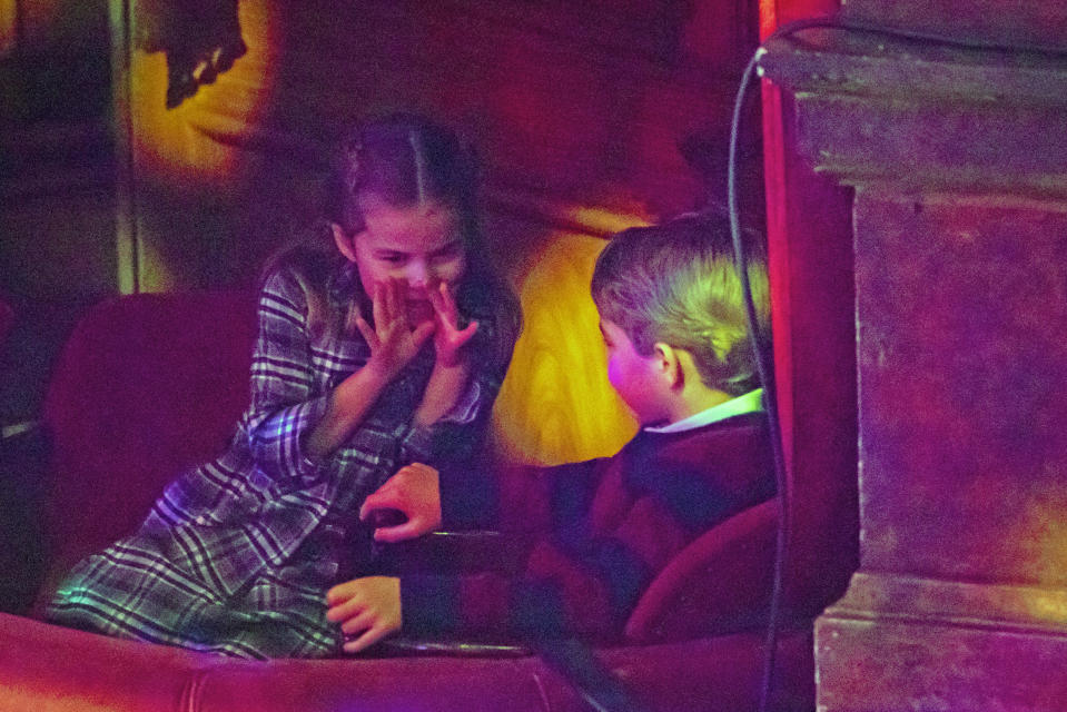 LONDON, ENGLAND - DECEMBER 11: Princess Charlotte and Prince George attend a special pantomime performance at London's Palladium Theatre, hosted by The National Lottery, to thank key workers and their families for their efforts throughout the pandemic on December 11, 2020 in London, England. (Photo by  Aaron Chown - WPA Pool/Getty Images)