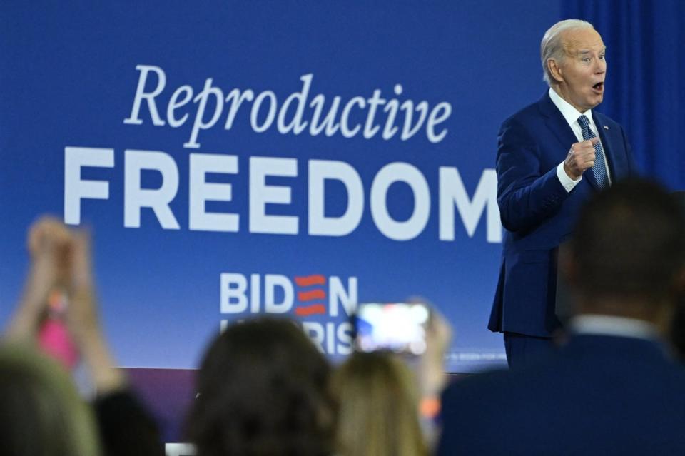 US president Joe Biden speaks about reproductive freedom in Tampa, Florida, on 23 April 2024 (AFP/Getty)