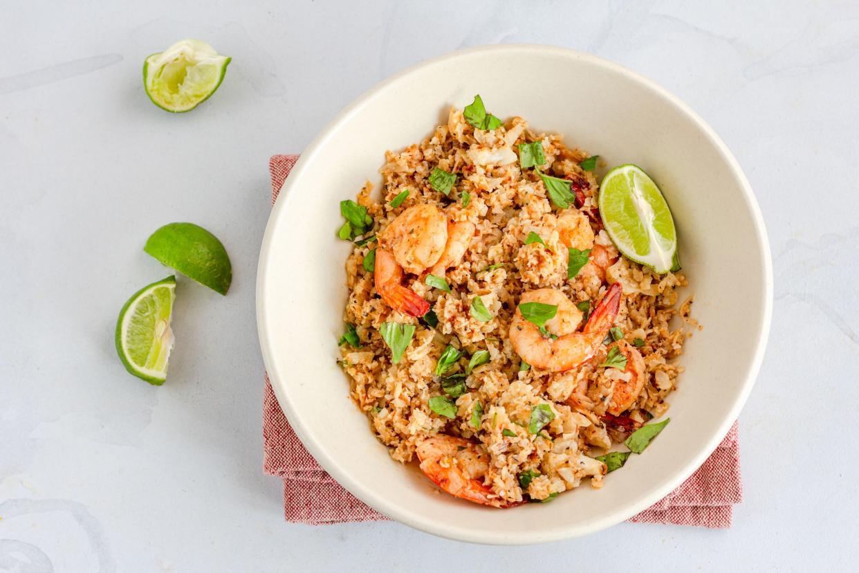 Cauliflower Rice with Shrimp Top Down Photo on White Background