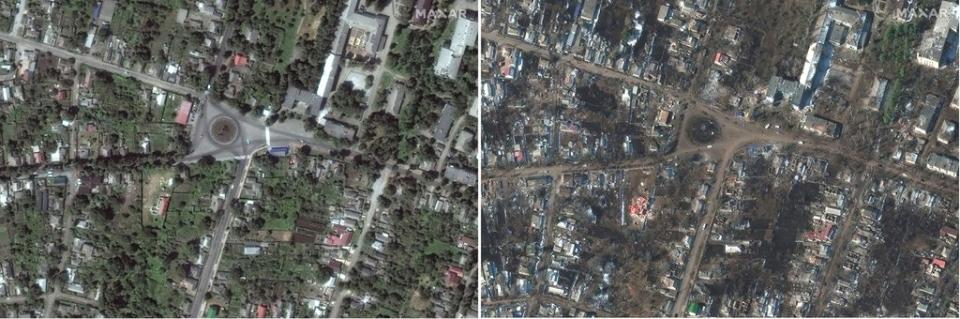 Satellite images captured in 2021 (left) and March 14 2022 showing damage in Sumy (Satellite image ©2022 Maxar Technologies/PA)