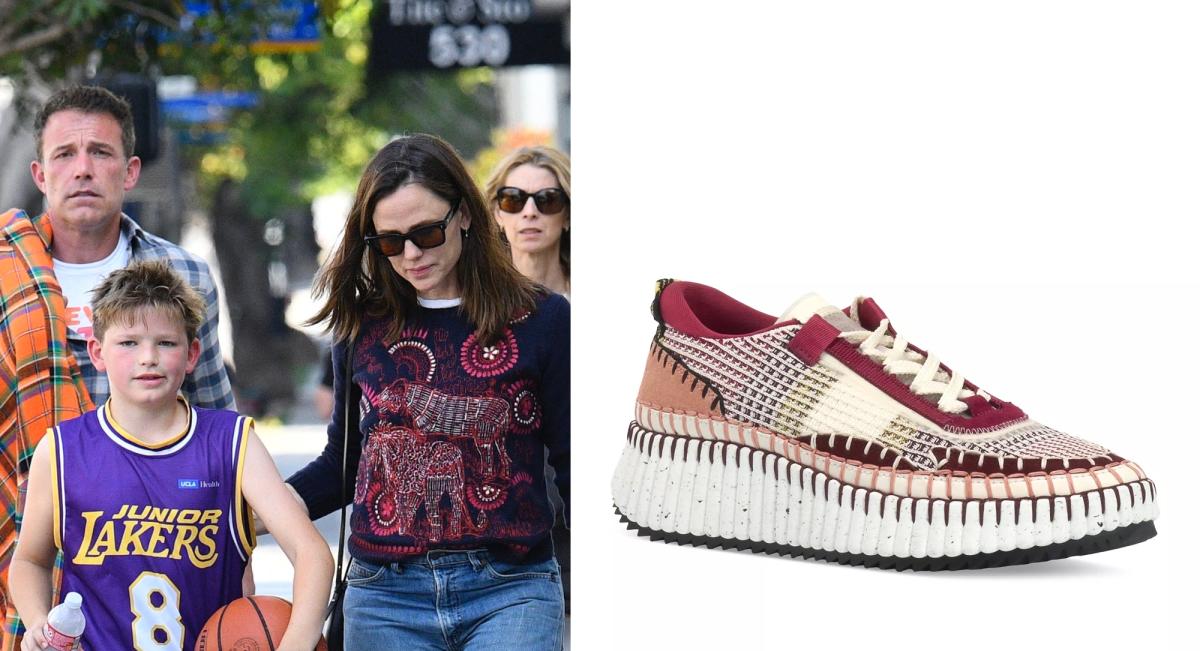 Jennifer Garner Attends Son Samuel Garner Affleck’s Basketball Game in Chloe Nama Woven Sneakers with Ben Affleck in Los Angeles