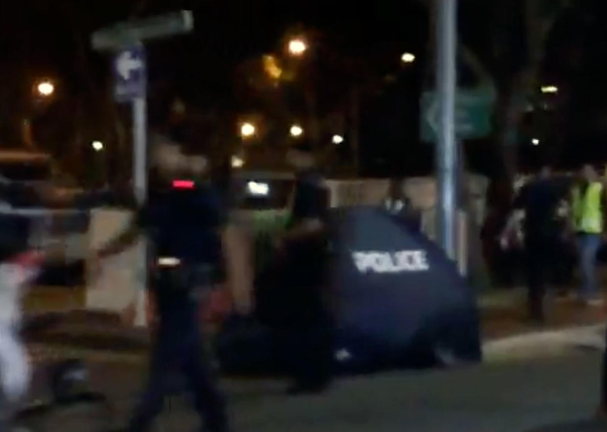 A blue police tent – usually used to cover bodies – seen at the scene of the Serangoon Road accident that took place on the night of 2 December.