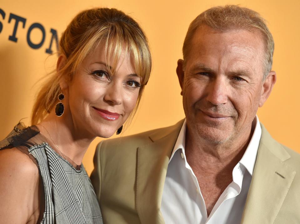 Kevin Costner and Christine Baumgartner arrive at the premiere of Paramount Pictures' 'Yellowstone' at Paramount Studios on June 11, 2018 in Hollywood, California.