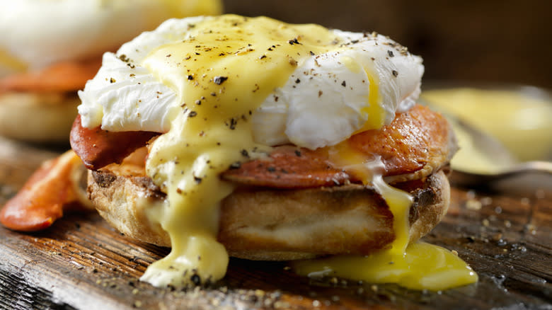 Poached egg on lobster eggs benedict