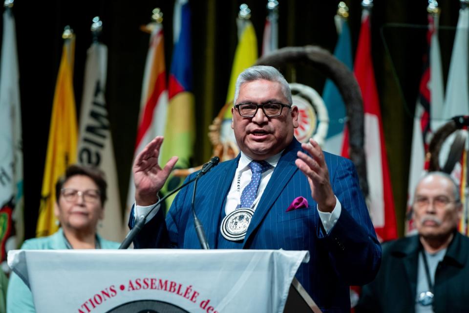 Candidate David Pratt speaks during the All Candidates Forum on the first day of the annual Assembly of First Nations Special Chiefs Assembly (SCA) in Ottawa, on Tuesday, Dec. 5, 2023.