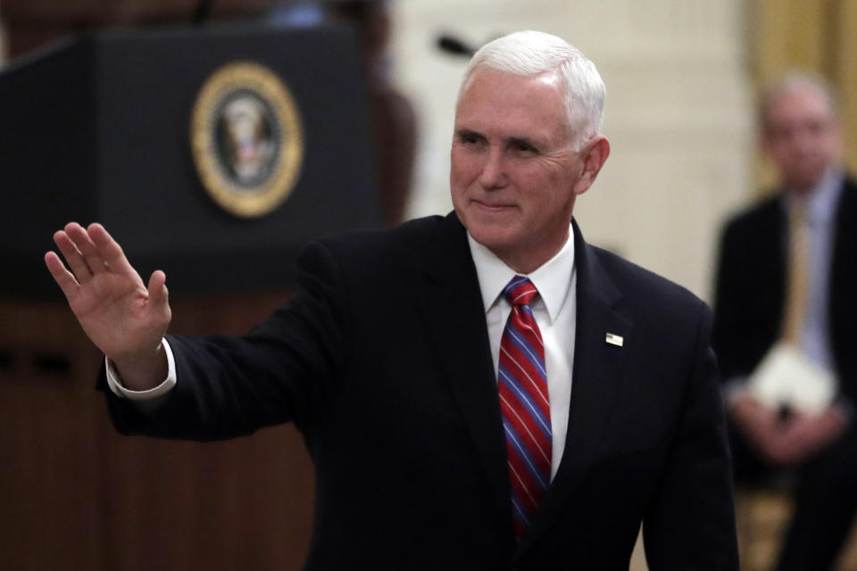 Vice President Mike Pence greets attendees prior to a National Medal of Arts and National Humanities Medal ceremony in the East Room of the White House, Thursday, Nov. 21, 2019, in Washington. (AP Photo/Steve Helber)