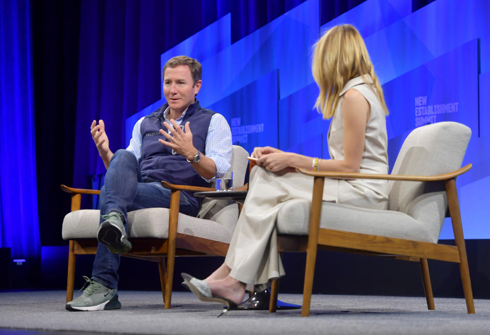 BEVERLY HILLS, CALIFORNIA - OCTOBER 23: (L-R) John Foley, Cofounder and CEO of Peloton and Vanity Fair correspondent Jane Fox speak onstage during 'Peloton Gears Up' at Vanity Fair's 6th Annual New Establishment Summit at Wallis Annenberg Center for the Performing Arts on October 23, 2019 in Beverly Hills, California. (Photo by Matt Winkelmeyer/Getty Images for Vanity Fair)