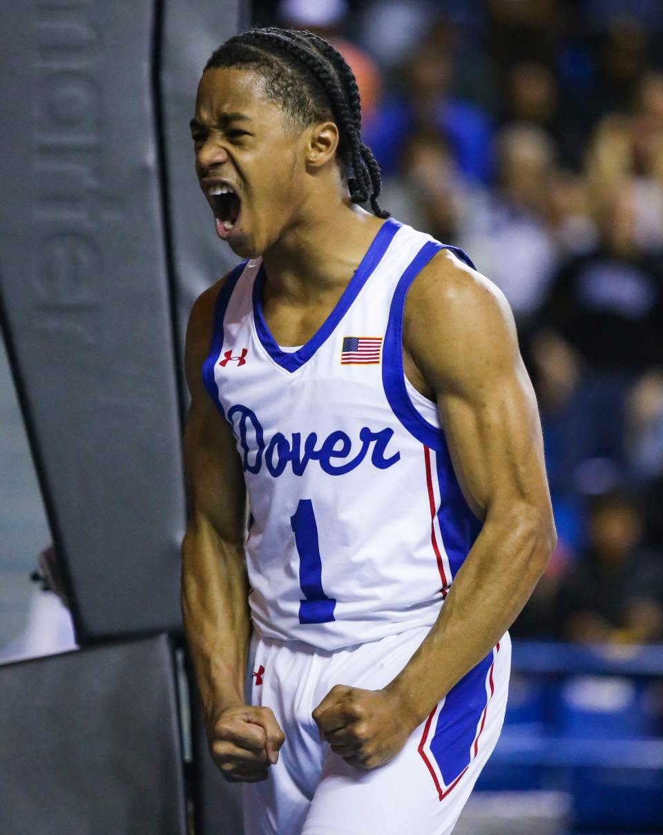 Dover's Denim Perkins reacts to scoring while being fouled in the second half of the Senators' 59-53 win against Middletown in their DIAA state tournament semifinal at the Bob Carpenter Center, Thursday, March 7, 2024.