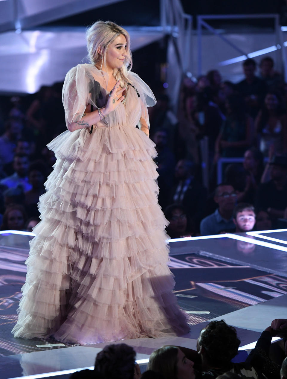 Kesha speaks onstage during the 2017 MTV Video Music Awards at The Forum on Aug. 27, 2017 in Inglewood, California.&nbsp;