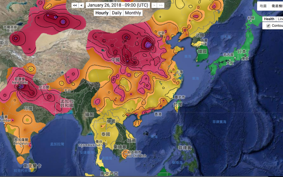 圖二：柏克萊地球（Berkeley earth）網站，即時提供全球空氣的污染圖，有助於釐清空氣污染的源頭。