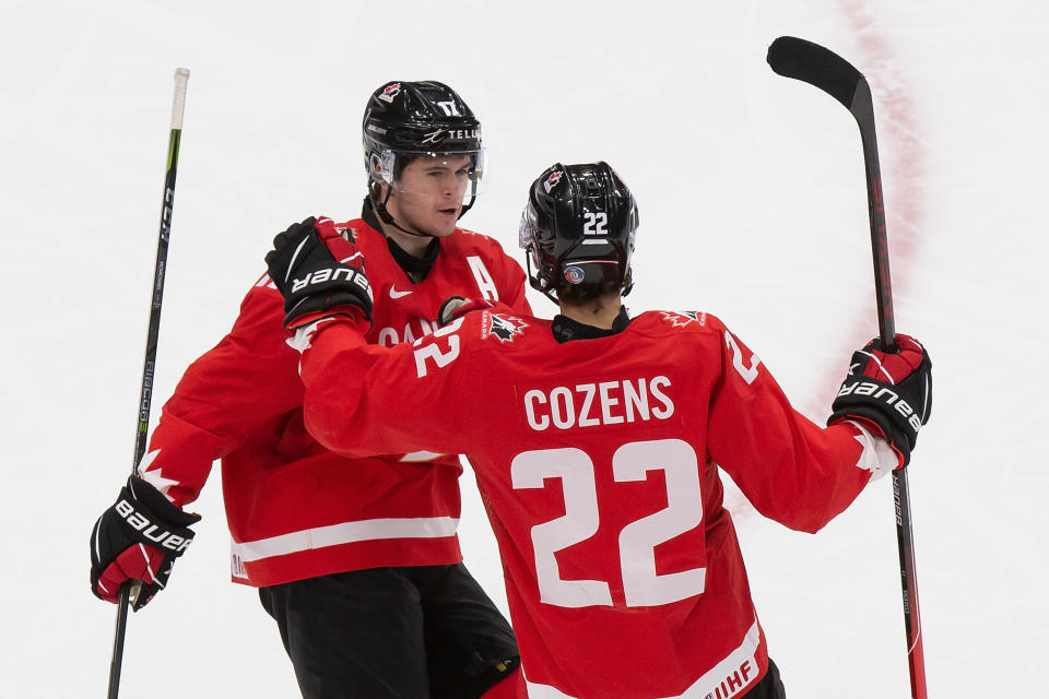 EDMONTON, AB - JANUARY 02: Connor McMichael #17 and Dylan Cozens #22 of Canada celebrate a goal against the Czech Republic during the 2021 IIHF World Junior Championship quarterfinals at Rogers Place on January 2, 2021 in Edmonton, Canada. (Photo by Codie McLachlan/Getty Images)