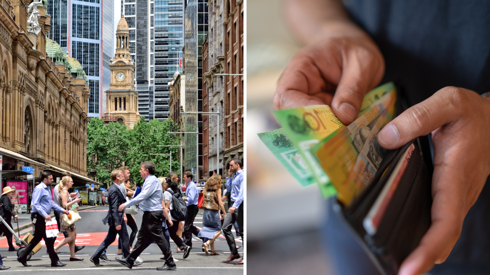 Workers in the city. Australian money notes. Jobs.