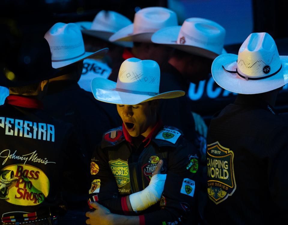 A team member on the Missouri Thunder yawns as the team prepare to take on the Oklahoma Freedom on the second day of competition at Gambler Days at the Moody Center, Saturday, Aug. 26, 2023 in Austin. Oklahoma won the game.