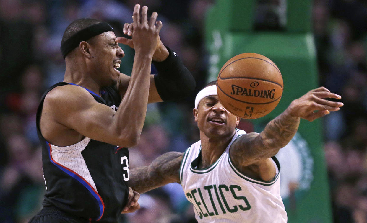 Isaiah Thomas deflects something else meant for Paul Pierce. (AP)