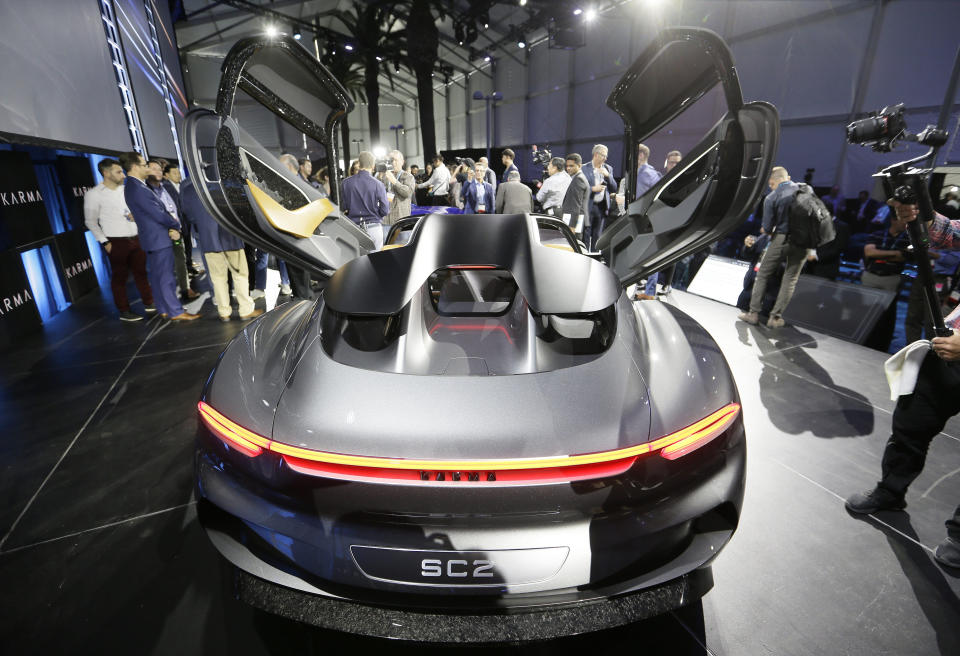 Karman Vision SC2 concept vehicle is displayed at Automobility LA Auto Show in Los Angeles, Tuesday, Nov. 19, 2019. (AP Photo/Damian Dovarganes)