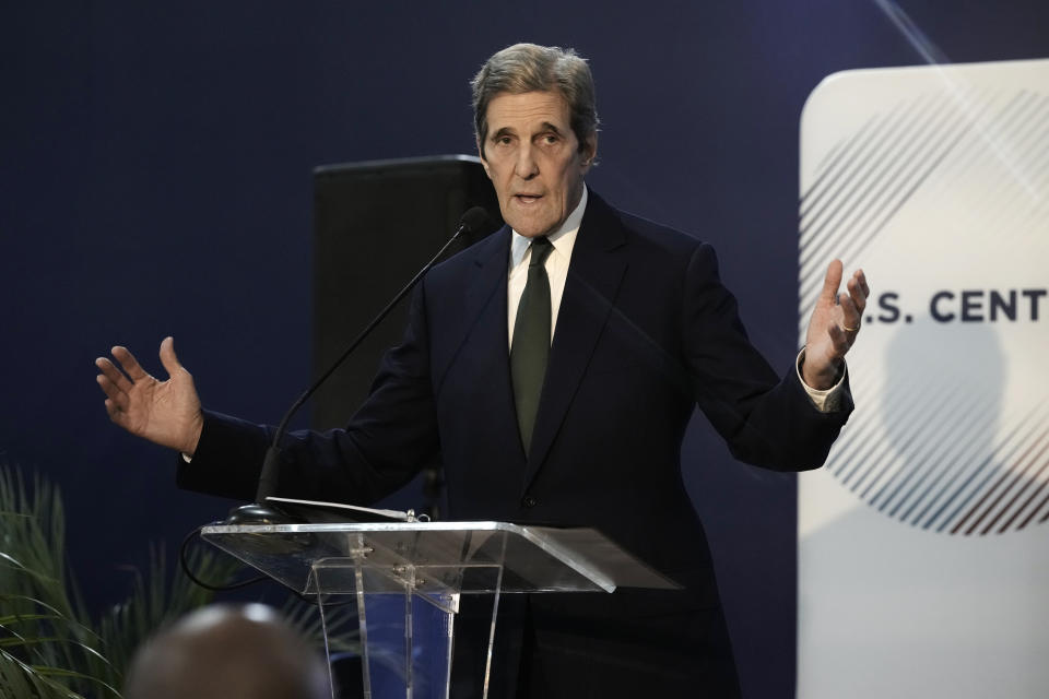 U.S. Special Presidential Envoy for Climate John Kerry speaks at the opening of the U.S. Pavilion at the COP27 U.N. Climate Summit, Tuesday, Nov. 8, 2022, in Sharm el-Sheikh, Egypt. (AP Photo/Nariman El-Mofty)