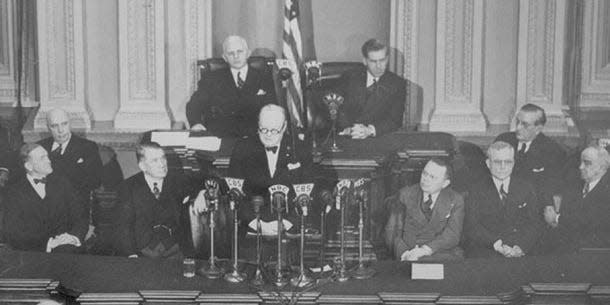 British Prime Minister Winston Churchill addresses Congress in the Senate Chamber, December 26, 1941.