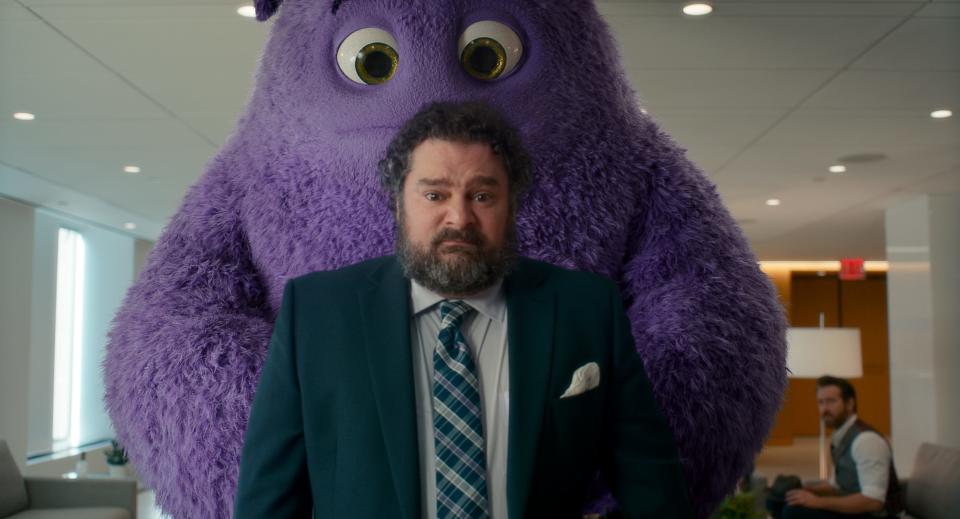 Blue (voiced by Steve Carell, top) keeps an eye on old friend Jeremy (Bobby Moynihan) in "IF."