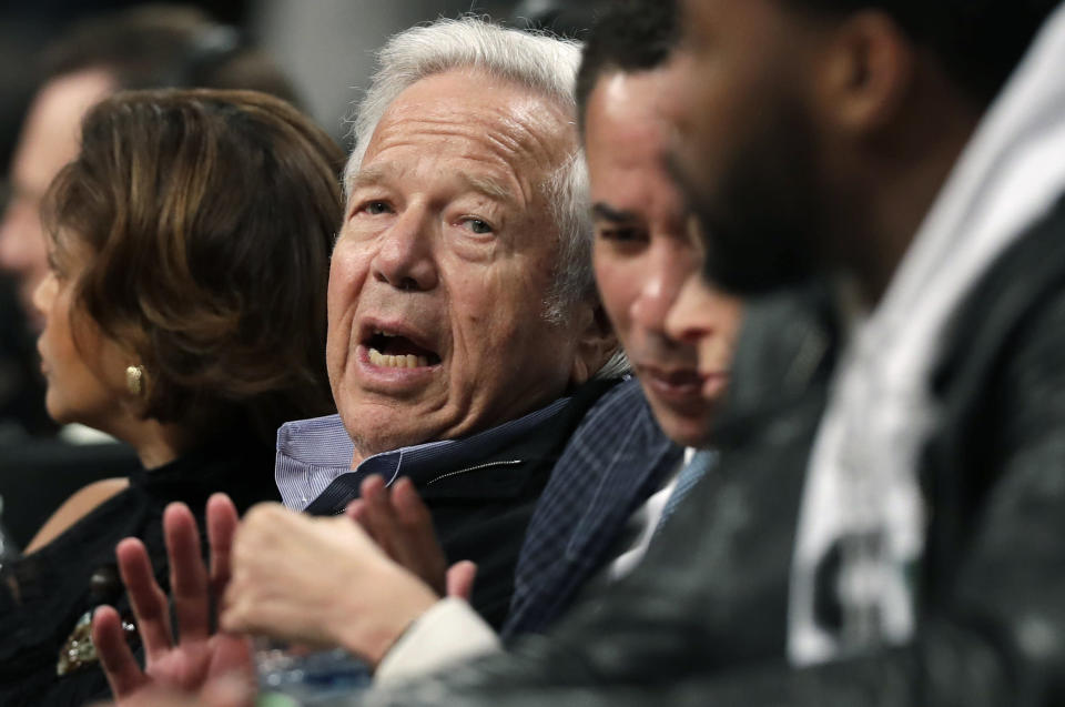 New England Patriots owner Robert Kraft gestures as he sits in the front row during an NBA basketball game between the Brooklyn Nets and the Miami Heat, Wednesday, April 10, 2019, in New York. (AP Photo/Kathy Willens)