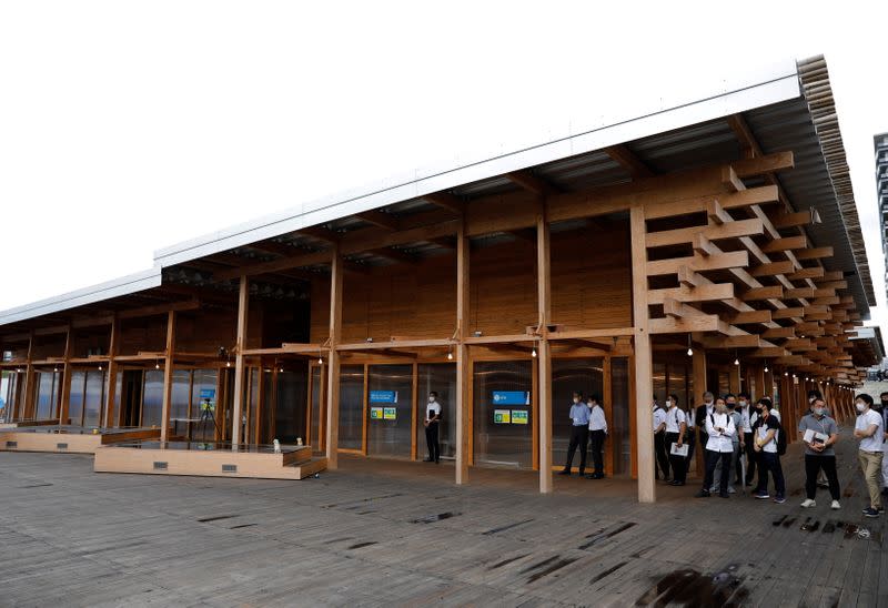 An exterior of the village plaza of the Tokyo 2020 Olympic and Paralympic Village is pictured in Tokyo