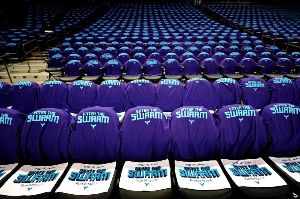 Enter the Swarm t-shirts and towels await fans attending the Charlotte Hornets vs Miami Heat Game 6 of the First Round of the NBA Playoffs game on Friday, April 29, 2016. The Hornets are hosting the Heat at Time Warner Cable Arena in Charlotte, NC.