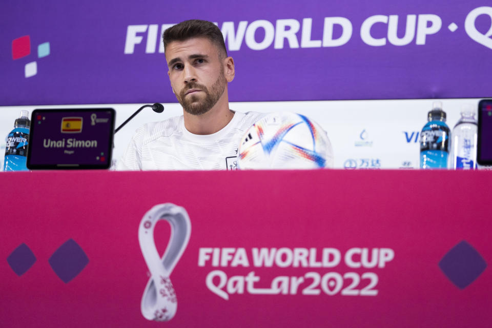 Spain's goalkeeper Unai Simon speaks to reporters during a news conference at Qatar University, in Doha, Qatar, Wednesday, Nov. 30, 2022. Spain will play its first final match in Group E in the World Cup against Japan on Dec. 1. (AP Photo/Julio Cortez)