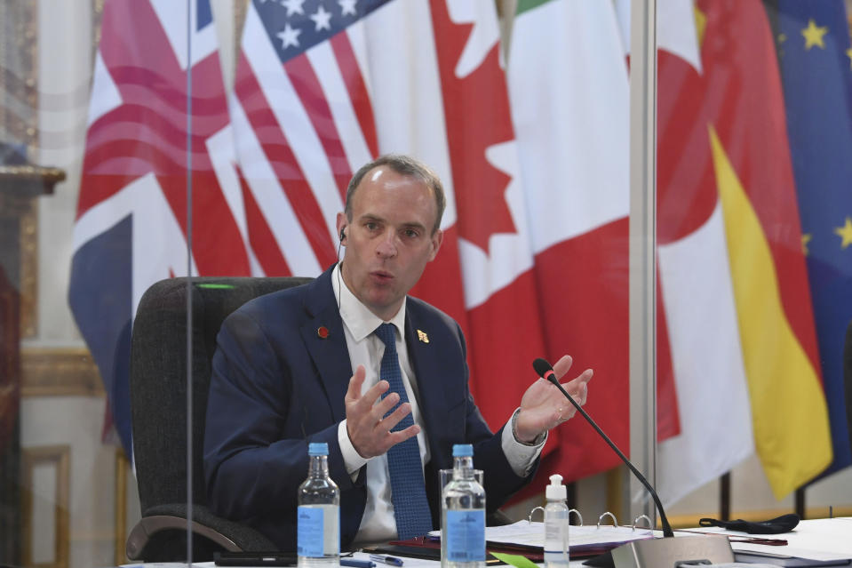 Britain's Foreign Secretary Dominic Raab, addresses G7 foreign minister, while being socially distanced as they meet in London, during talks at the G7 Foreign and Development Ministers meeting Tuesday May 4, 2021. (Stefan Rousseau/Pool via AP)