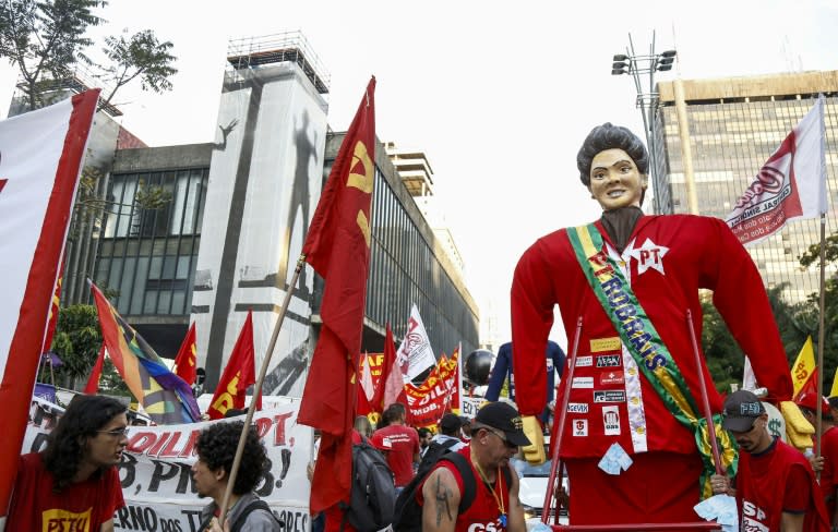 Workers march against the economic policy of the government of Brazilian President Dilma Rousseff in Sao Paulo, Brazil, on September 18, 2015