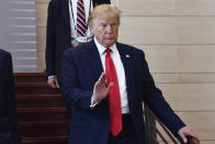 U.S President Donald Trump arrives to attend a lunch on "digital transformation", during the G7 summit in Biarritz, southwestern France, Monday Aug.26 2019. G-7 leaders are wrapping up a summit dominated by tensions over U.S. trade policies and a surprise visit by Iran's top diplomat. (Nicholas Kamm /POOL via AP)