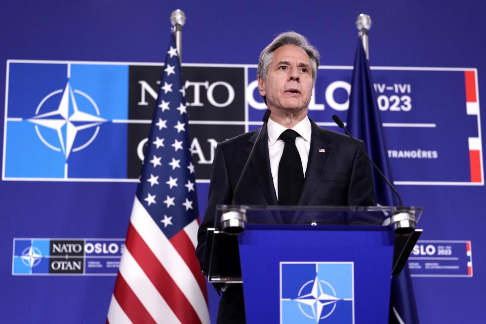 U.S. Secretary of State Antony Blinken speaks at a press conference following the NATO foreign ministers meeting n Oslo, Norway, Thursday, June 1, 2023. ( Javad Parsa/Pool Photo via AP)