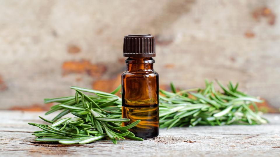 Small bottle of rosemary oil surrounded by rosemary leaves.