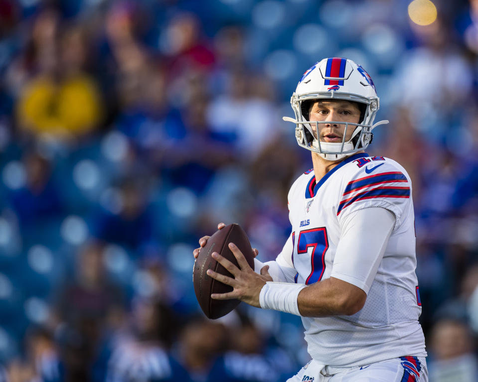 ORCHARD PARK, NY - AUGUST 08:  Josh Allen #17 of the Buffalo Bills drops back to pass during the first quarter of a preseason game against the Indianapolis Colts at New Era Field on August 8, 2019 in Orchard Park, New York. Buffalo defeats Indianapolis 24 -16.  (Photo by Brett Carlsen/Getty Images)