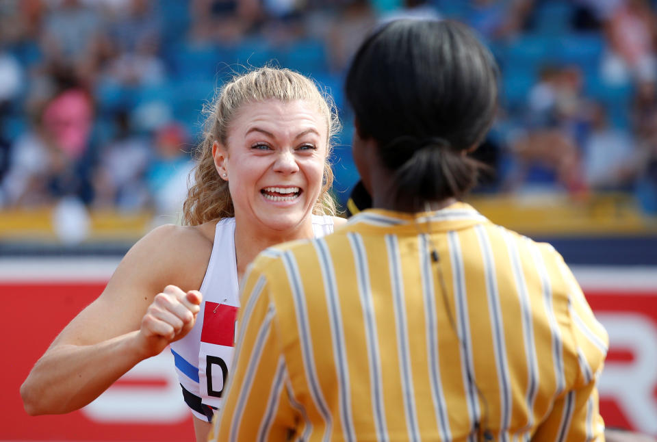 Beth Dobbin reacts after wining the women's 200m final at the 2018 British Championships and setting a new championship record (Picture: Reuters)