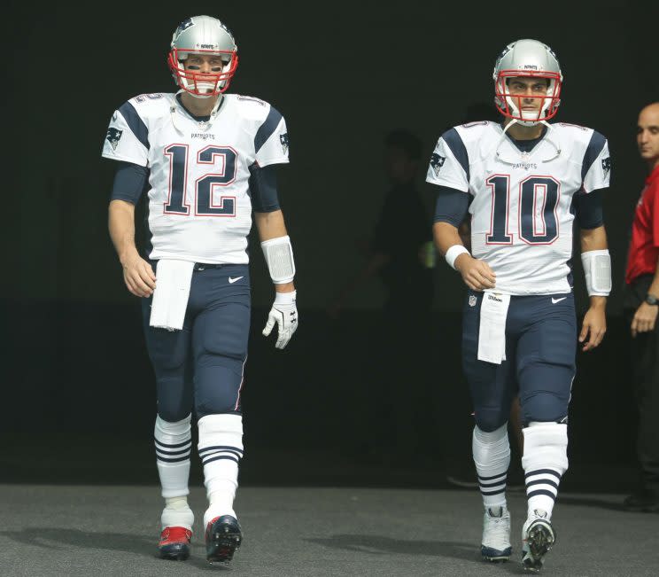 Jimmy Garoppolo (10) will replace Tom Brady for the first four games this season (AP)