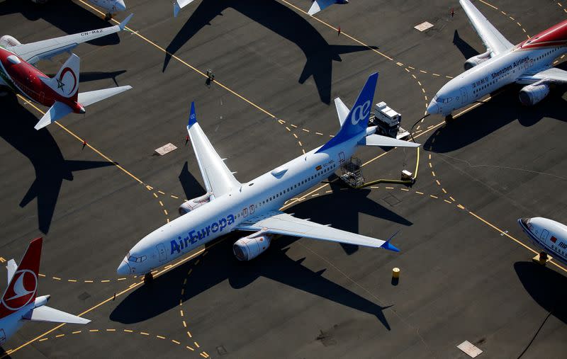 An Air Europa-branded Boeing 737 MAX aircraft is seen grounded at a storage area in an aerial photo at Boeing Field in Seattle