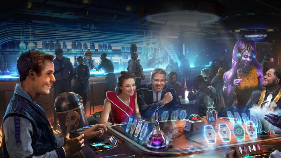 Este boceto da una idea de cómo será el Silver C Lounge, el bar del hotel. Ha sido descrito como "un refugio cálido y acogedor para pasajeros de todas las edades". (Foto: <a href="https://www.disneyworld.eu/destinations/star-wars-galactic-starcruiser/" rel="nofollow noopener" target="_blank" data-ylk="slk:Disney / Lucasfilm;elm:context_link;itc:0;sec:content-canvas" class="link ">Disney / Lucasfilm</a>)