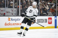 Los Angeles Kings right wing Adrian Kempe (9) reacts after a blocked shot during the third period of an NHL hockey game against the Anaheim Ducks, Tuesday, April 9, 2024, in Anaheim, Calif. (AP Photo/William Liang)