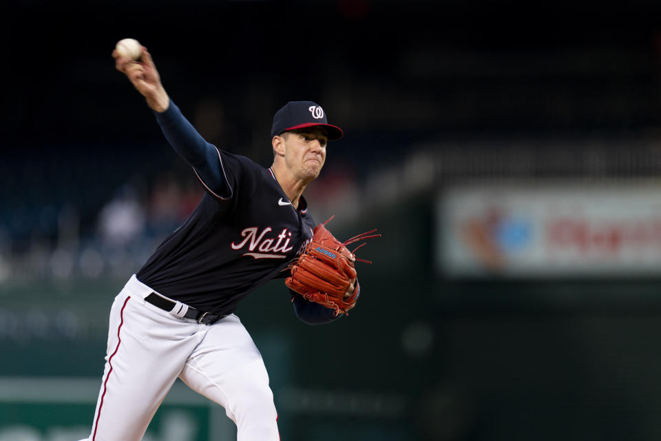 Washington Nationals starting pitcher Jackson Rutledge delivers during the first inning of the team's baseball game against the Chicago White Sox, Tuesday, Sept. 19, 2023, in Washington. (AP Photo/Stephanie Scarbrough)