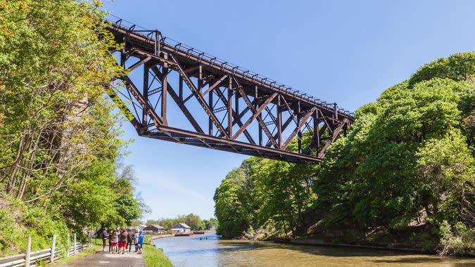 LOCKPORT, NEW YORK, USA- MAY 20, 2017: Lockport Railroad Bridge (Upside-Down Bridge), This bridge is a multi-span railroad bridge built in 1902 in Lockport, New York, USA.