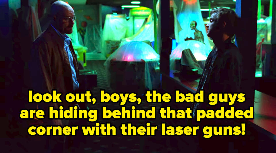 Saul brings Walt to meet Jesse in a defunct laser tag arcade park so they can plan how to avoid being murdered by the drug lord