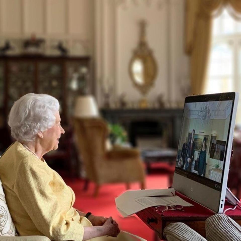 Queen Elizabeth II holds a virtual audience via video from Windsor Castle with the incoming Ambassador from the Swiss Confederation at Buckingham Palace, Oct. 26, 2021. She has held multiple video audiences with new ambassadors throughout the COVID-19 pandemic, including one the previous week to the receive Japan's ambassador to the U.K.