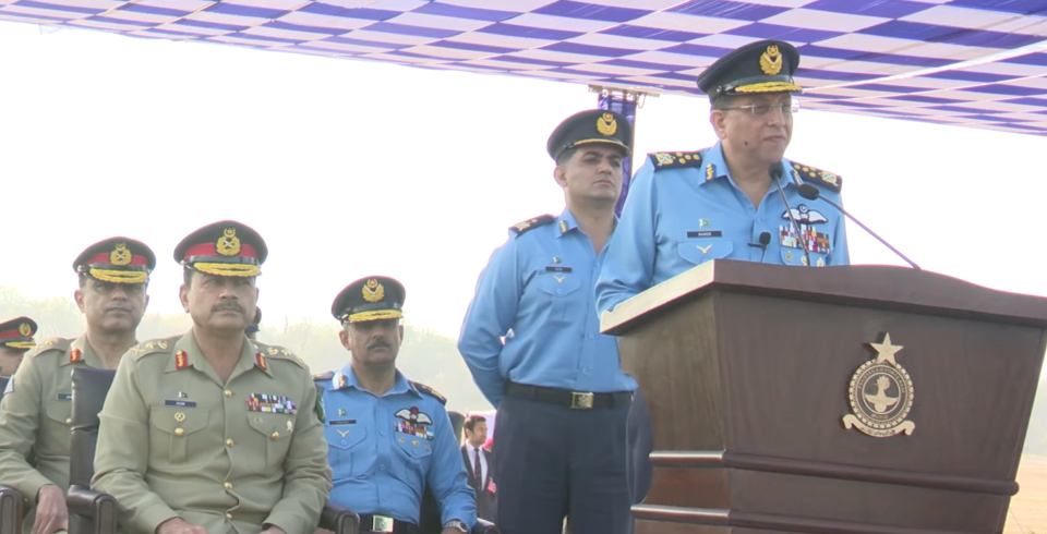 Air Chief Marshal Zaheer Sidhu, the Pakistan Air Force chief, at the podium, during the recent ceremony at which plans to procure the FC-31 were announced. <em>PAF Facebook page</em>