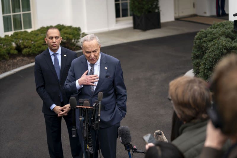 Senate Majority Leader Chuck Schumer, D-N.Y., and House Minority Leader Hakeem Jeffries, D-N.Y., speak to the press after their White House meeting on Tuesday. Photo by Bonnie Cash/UPI