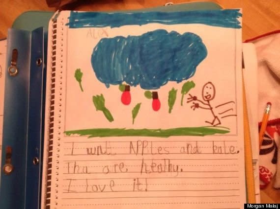 <strong>Author</strong>: Alex  <strong>Age</strong>: 5  <a href="http://www.huffingtonpost.com/2013/09/28/cute-kid-note-of-the-day-cloudy-with-a-chance-of-kale_n_3745194.html" target="_blank">Click Here To See The Full Note</a>