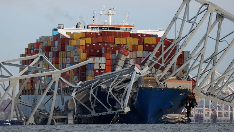 The Singaporean-flagged Dali cargo vessel is shown on March 26, hours after it destroyed Baltimore's Francis Scott Key Bridge. - Julia Nikhinson/Reuters