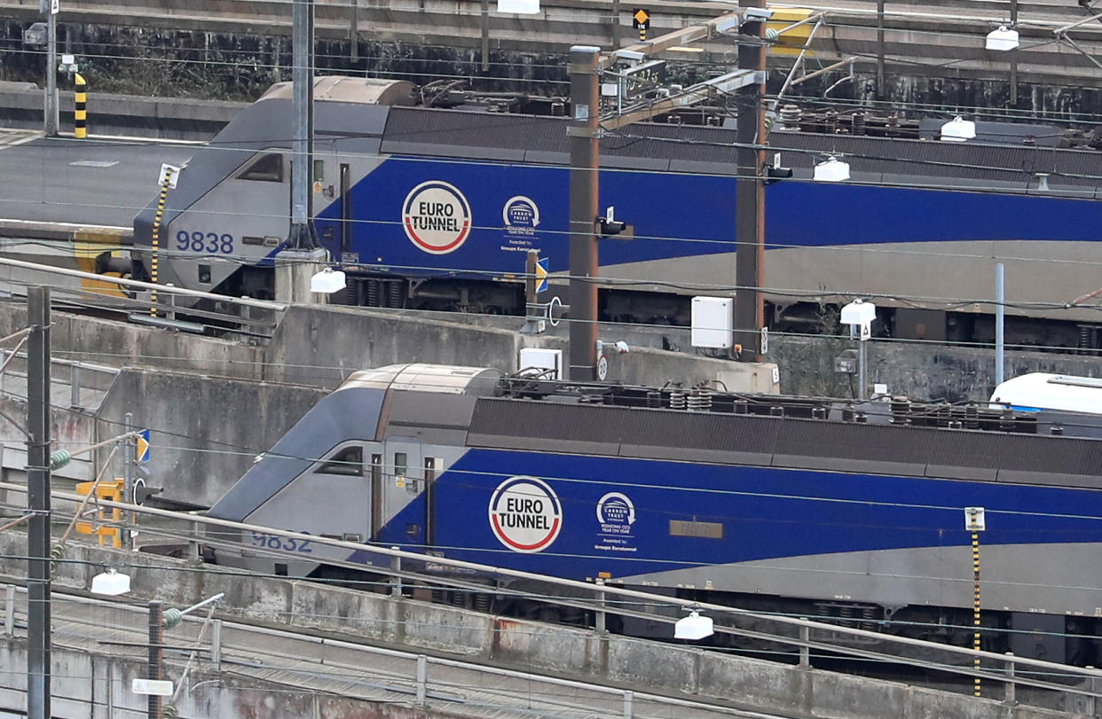 Eurotunnel trains at Eurotunnel in Folkestone, Kent, ahead of the debate and vote on the Brexit motion at the House of Commons, London.