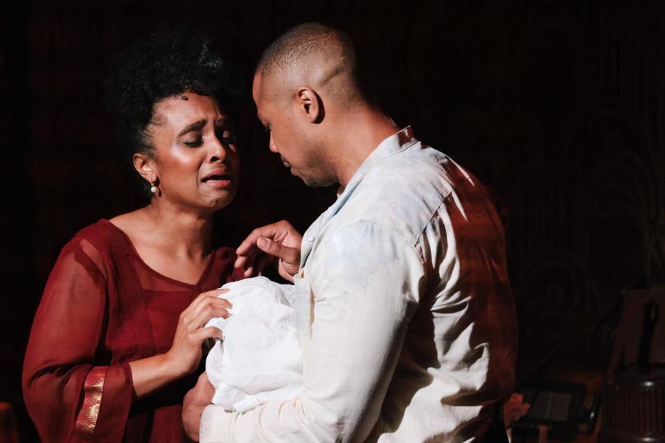Lindsay Patterson Abdou cries as Nellie and Davóne Tines, as Jim, holds his baby in "The Comet / Poppea."