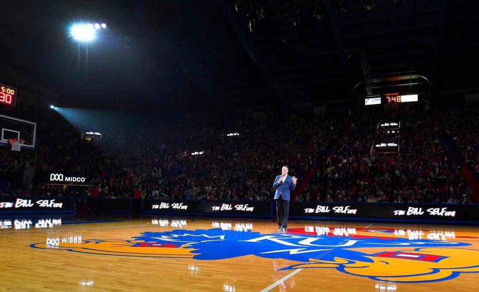 Bill Self addressed the crowd as part of KU Late Night in the Phog at Allen Fieldhouse.